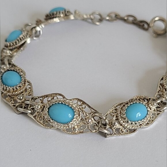 Vintage Antique Boho Sterling Silver Turquoise Cabochon Filigree Chain Bracelet - Picture 4 of 12